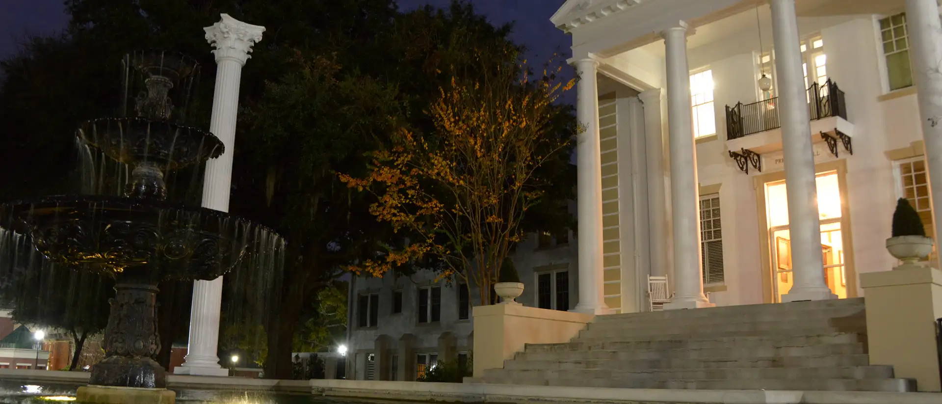 fountain flowing and the stairs of preston hall at night