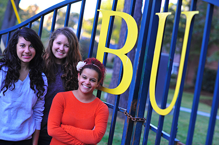 students standing by gate in front of campus